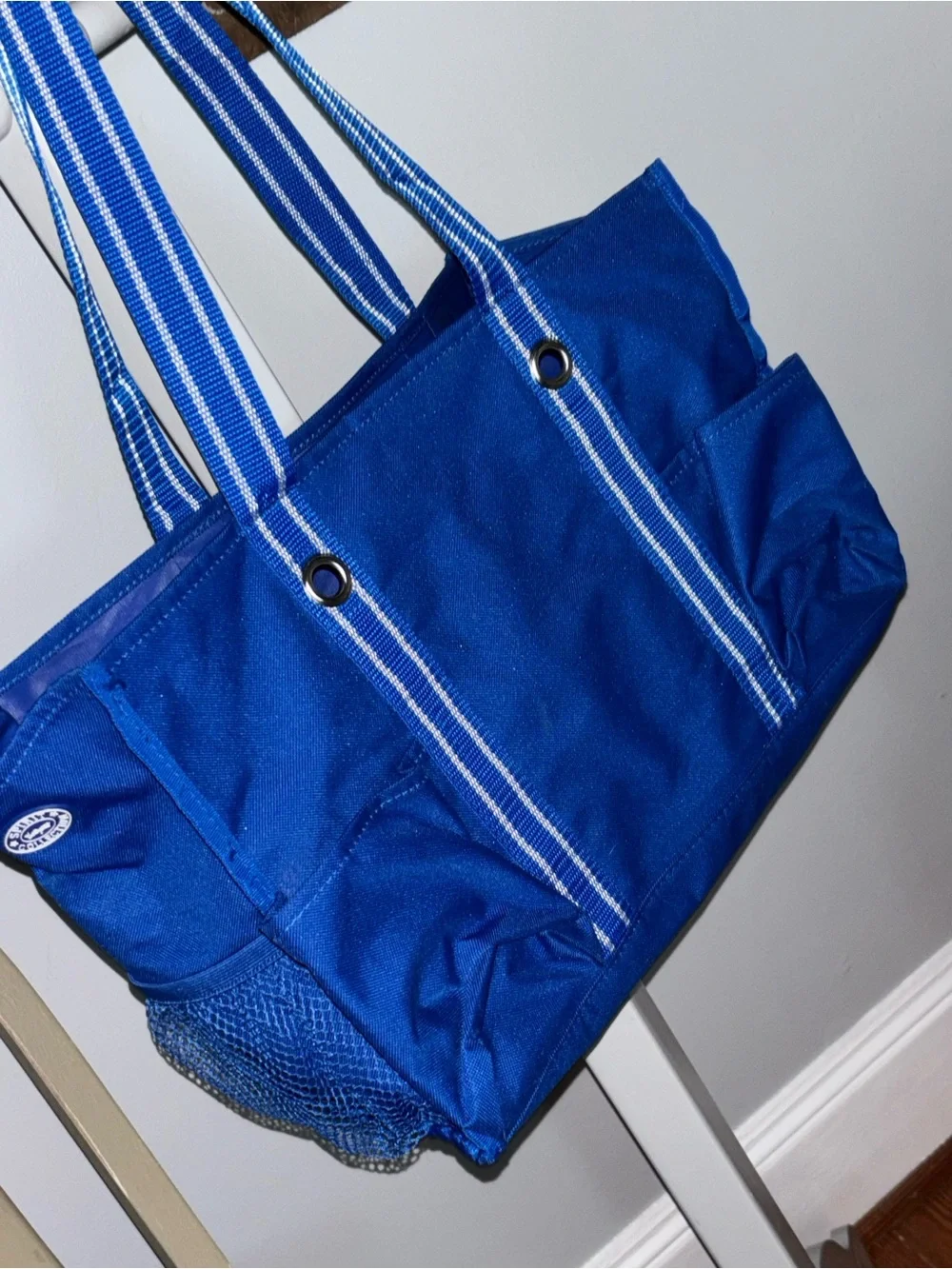 Thirty one Spirit edition . Blue Canvas Tote Bag with Striped Handles